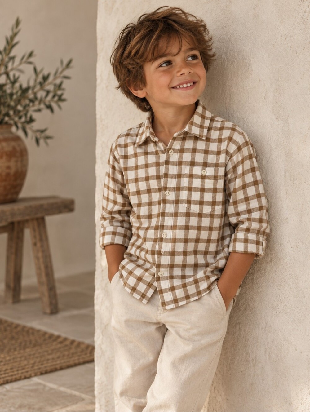 Zara Kids Brown Cream Plaid Flannel Shirt 5-6Y 100% Cotton NWT